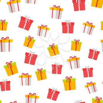 Colorful giftboxes cartoon seamless pattern. Wrapped boxes with stripes and bows flat vector isolated on white background for gift wrapping paper, greeting cards, invitations, print design