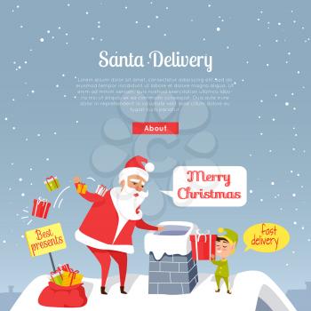 Santa Christmas and fast delivery of best presents. Santa Claus throwing presents in chimney. Cartoon Santa and dwarf standing on roof of house, gnome gives gift box. Holiday vector web banner.