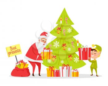 Xmas and fast delivery of best presents isolated on white. Vector illustration of Santa Claus and gnome packing presents in boxes with red ribbon near decorated Christmas tree in cartoon style.