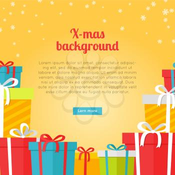 Colourful boxes on yellow Christmas background. Vector illustration of different size presents decorated by thin ribbons and beautiful bows. Greeting postcard with white many snowflakes on top.