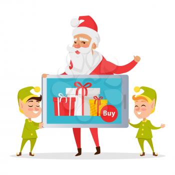 Christmas sale greeting banner with Santa Claus and elves in green costumes holding modern electronic device with presents. Vector illustration of New Year characters