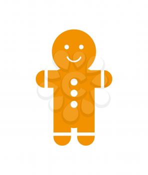 Gingerbread man with smile and creamy buttons on belly isolated cartoon vector illustration on white background. Traditional tasty Christmas treat.