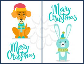 Merry Christmas, dog dressed in sweater and red hat sitting calmly and rabbit wearing green scarf, images and headline isolated on vector illustration
