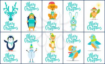 Merry Christmas, images of animals, such as deer and penguin, birds and rabbit, dog and fox, and icon of snowman with ice-cream vector illustration