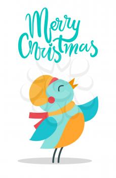 Merry Christmas, poster made up of calligraphic decorative title and image of bird wearing green hat with eyes closed isolated on vector illustration