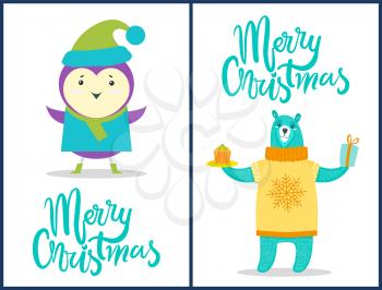 Merry Christmas, animals set, posters with decorated headlines, birdie with hat and sweater, bear holding cake and present on vector illustration