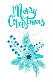 Merry Christmas greeting card floristic composition of wild flowers forest herbs with berries in blue colors isolated cartoon flat vector illustration