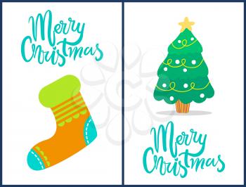 Merry Christmas, set of compositions consisting of images of colorful sock and symbolic tree and decorated headlines isolated on vector illustration