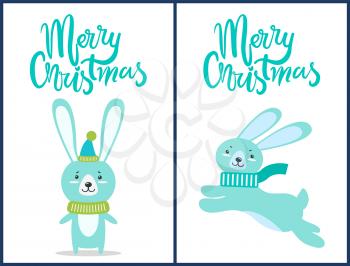 Merry Christmas, collection of rabbit icons, bunny wearing small hat and scarf, one of them is running somewhere, isolated on vector illustration