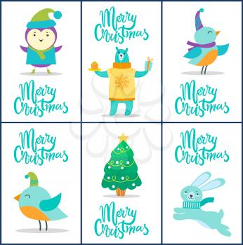 Merry Christmas, cards and titles collection, images of birds with hats and scarves, bear wearing knitted sweater and pine tree vector illustration