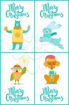 Merry Christmas, bear with cake and present in his paws, running rabbit, owl holding Bengal light, and dog wearing red hat on vector illustration