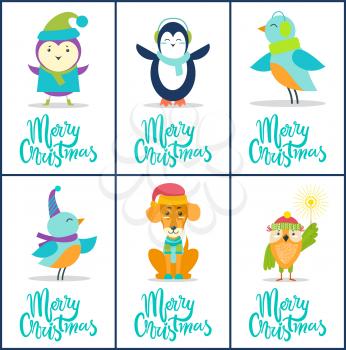 Merry Christmas, images collection of birds in warm clothes, penguin with scarf, dog with hat, owl with Bengal light isolated on vector illustration