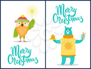 Merry Christmas wild animals with congratulation sparklers, presents and sweets dressed in warm clothes owl and bear vector illustration on white