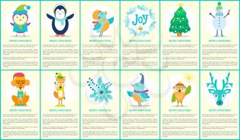 Merry Christmas, cards and text collection made up of headlines and images of tree and penguin, snowman and bird, stickers and fox vector illustration
