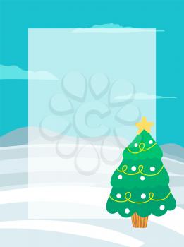 Decorated Christmas tree with garlands and star on top outdoors and frame place for text vector illustration greeting card design festive evergreen spruce
