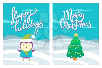 Happy holidays Merry Christmas greeting postcards with purple bird and tree with garlands and star on top isolated cartoon flat vector illustrations