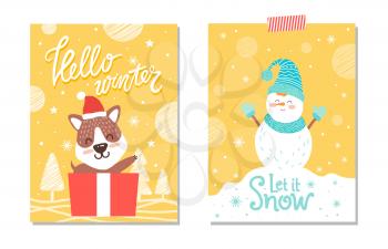 Hello winter and let it snow, designed card, images of dog in box that is present and snowman wearing gloves and hat isolated on vector illustration