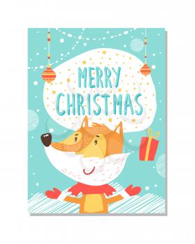 Merry Christmas greeting card with fox juggling by present boxes, garland on poster vector illustration with cute cartoon animal on snowflakes backdrop