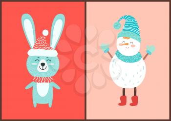 Happy hare and white snowman icons isolated on red background. Vector illustration with winter symbol and wild animal dressed in warm knitted clothes