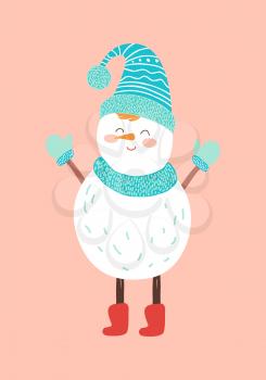 Smiling snowman in blue knitted scarf, hat and mittens and red boots vector illustration of winter creature isolated on pink background, postcard design