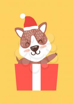 Teddy bear in santa claus hat waving hand from gift box vector illustration isolated orange background. Happy cartoon animal in container for presents