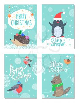 Merry Christmas and happy holidays let it snow, set of cards with images of hedgehog and penguin, bullfinches and wolf, with title vector illustration