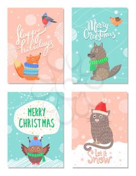 Merry Christmas and happy holidays 60s postcards with animals dressed in knitted hats, scarf or sweaters. Vector illustration with snowy xmas congratulation