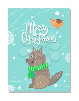 Merry Christmas greeting card with grey wolf in green scarf, little bird on background of winter snowflakes vector illustration isolated on blue