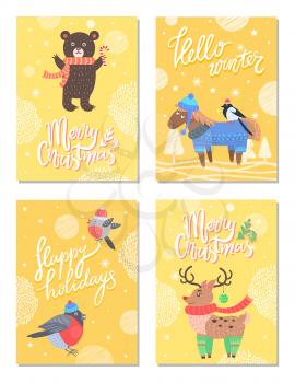 Hello winter merry Christmas 60s theme postcard with bear and horse dressed in knitted sweater. Vector illustration with animals in warm clothes