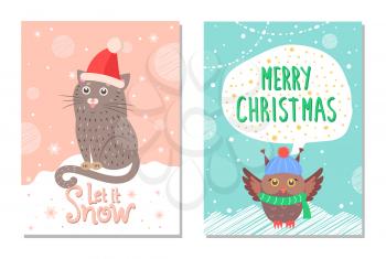 Let it snow merry Christmas colorful 60s postcard with animals dressed in warm knitted clothes. Vector illustration with owl and cat sitting on snow