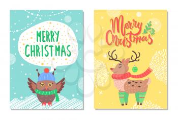 Merry Christmas greeting cards with owl in cute warm hat and scarf, reindeer in socks with decorative ball in horns vector postcards with snowflakes