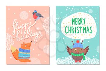 Merry Christmas Happy Holidays greeting cards with owl in cute warm hat and scarf and squirrel vector postcards. Snowflakes, invitation posters with snow