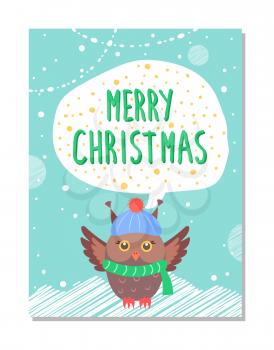 Merry Christmas greeting card with owl in cute warm hat and scarf vector postcards with snowflakes, bird on invitation poster with snow outdoors