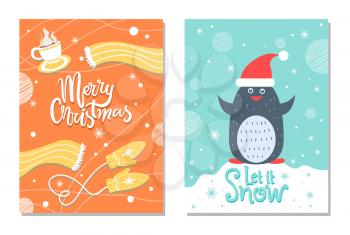 Merry Christmas let it snow winter postcards with warm cloth as knitted scarf and mittens, cup of hot tea or coffee, penguin in red santa hat vector