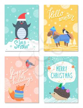 Let it snow hello winter 60s colorful postcard with cute animals in warm clothes. Vector illustration contains snowy banners with congratulations