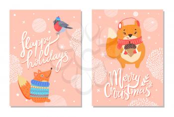 Happy holidays Merry Christmas greeting cards with squirrels in warm sweater, in earphones with acorn and bullfinch in knitted hat, snowflakes vector
