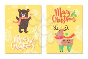 Merry Christmas postcard with deer profile in green long socks, bear in red scarf with candy in paws, calligraphic inscription, fir branches vector