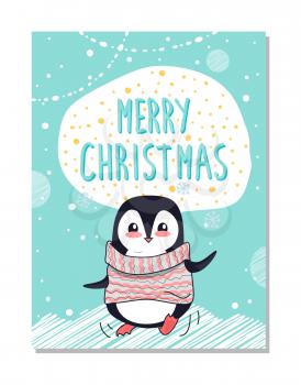 Merry Christmas congratulation bright postcard with happy penguin dressed in warm sweater. Vector illustration with beautiful animal surrounded by snow