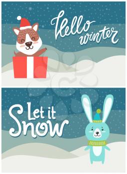Hello winter let it snow bright snowy postcard with fox and present and smiling hare in warm clothes. Vector illustration with congratulation from animals