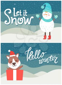 Let it snow hello winter bright snowy postcard with fox holding gift box and snowman in scarf and hat. Vector illustration with greeting from animals