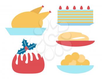 Christmas dinner icons set, plates used for celebration of winter holiday, turkey and bread, cake and mistletoe as symbol vector illustration
