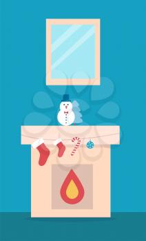 Fireplace with snowman toy and Christmas tree and socks for present from Santa. Vector illustration with festive decorations on blue background