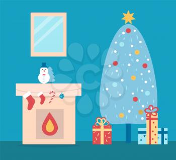 Room decorated for Christmas with fireplace and bright spruce. Vector illustration with comfortable fireplace and xmas tree with colorful presents