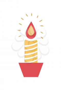 Burning wax candle in candlestick vector illustration isolated on white. Striped burning element holiday decorative symbol, flame with sparkles