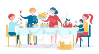 Family at table has delicious Christmas dinner with huge turkey and traditional cake decorated with holly plant isolated vector illustration.