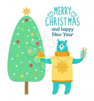 Merry Christmas and happy New Year festive poster with bear holding present and cake near decorated spruce. Vector illustration with congratulation from animal