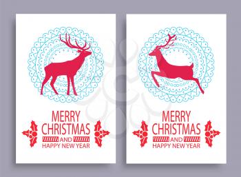 Merry Christmas and happy New Year, collection of banners with circular ornaments and pattern behind icon of reindeers isolated on vector illustration