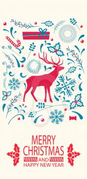 Merry Christmas and happy New Year, promotional poster with pattern of icons of deer, presents and leaves, candy and snowflake vector illustration