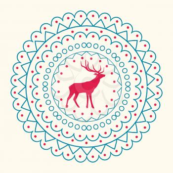 Christmas pattern that is made up of circles with small geometric shapes of curved lines and triangles, and image of reindeer on vector illustration
