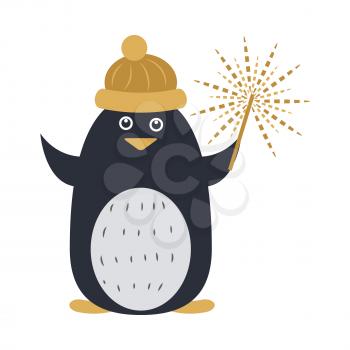 Penguin isolated in yellow cap with ball and with burning sparkler in hand on white. Vector illustration of black-white animal celebrating New Year in cartoon style. Preparing for Christmas.